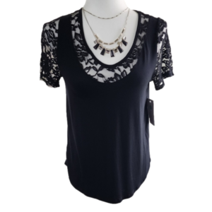 Pink Clover Bailee Lace Sleeve Scoop Neck Top Black Lace Trim Tee Size XS NWT